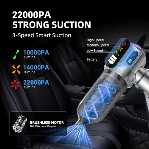Miniatura 2 de Aspiradora inalámbrica – 22000 PA aspiradora de mano para automóvil, mini plumero portátil 4 en 1 recargable, 3 velocidades pequeños y potentes Plata