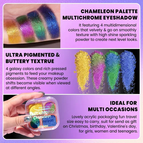 Miniatura 2 de UCANBE Paleta de maquillaje de sombra de ojos multicromo camaleón, 4 colores holográficos metálicos con brillo, paleta de sombra de ojos de alta
