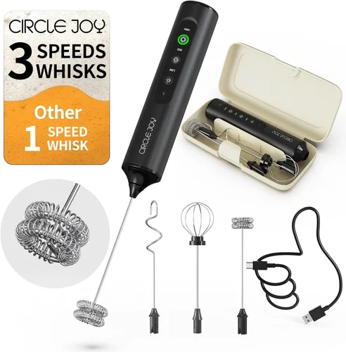CIRCLE JOY Varita espumadora de leche recargable de mano con 3 velocidades variables, 3 batidores y caja de almacenamiento, mezclador eléctrico de