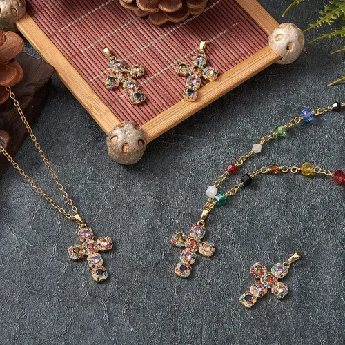 Miniatura 3 de 5 colgantes de cruz de circonita cúbica de latón, chapado en oro real de 16 quilates, para joyería, collares, pulseras, manualidades