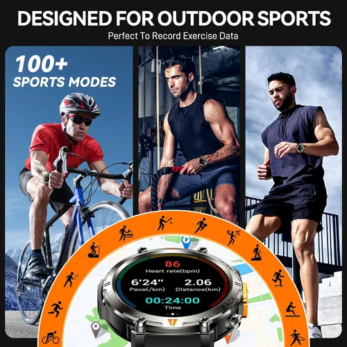 Miniatura 7 de Foxhawk Reloj inteligente militar para hombre, 1.45 pulgadas, resistente GPS, reloj inteligente táctico con brújula linterna LED, reloj de fitness