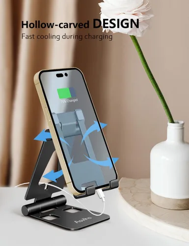Miniatura 6 de Aoviho Soporte plegable para teléfono celular para escritorio, soporte ajustable para oficina, videollamadas y transmisión, base de teléfono de Negro