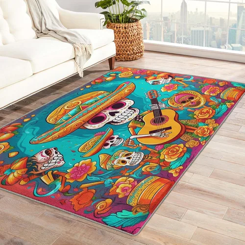 Alfombra de Día de los Muertos de 2 x 3 pies, alfombra mexicana para entrada, alfombra de día de los muertos, decoración de habitación de niños para