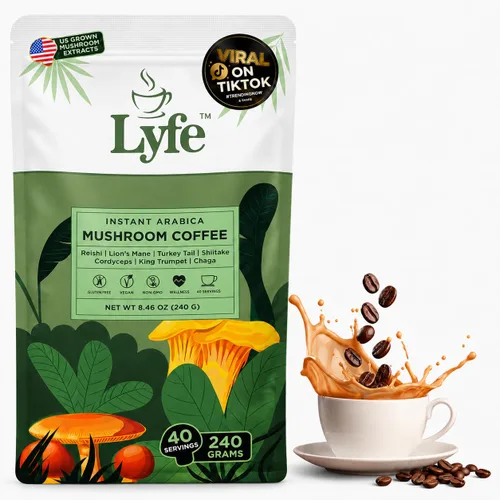 LYFE Café orgánico instantáneo de hongos, 40 porciones: mezcla de café adaptogénico instantáneo con melena de león, chaga, cordyceps, trompeta King,