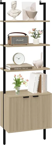 Miniatura 13 de Yusong Estantería alta de 73" con gabinete, estantería tipo escalera para montaje en pared con marco de madera y metal, estantería para plantas