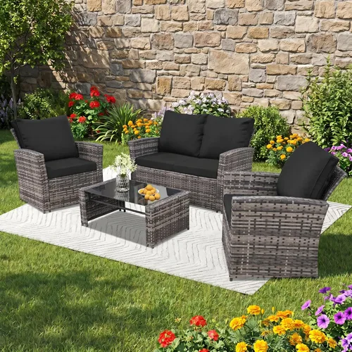 Miniatura 11 de FHFO Juego de 4 muebles de patio al aire libre, muebles de exterior, juego de sofá modular de mimbre para conversación al aire libre, juego de sofá