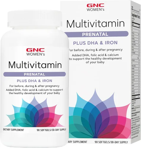 GNC Fórmula multivitamínica prenatal para mujer con DHA y hierro, apoya el embarazo y el desarrollo saludable del bebé, nutrientes esenciales, ácido