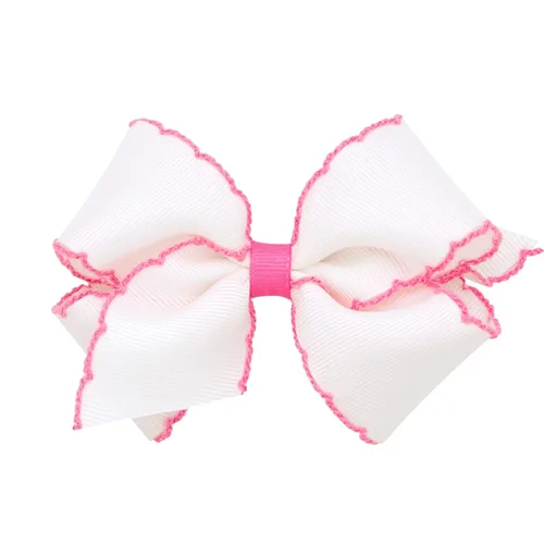 Miniatura 11 de Wee Ones - Lazo clásico de grogrén con borde de puntadas lunares para niñas, con clip para cabello WeeStay, borde en contraste, King, blanco