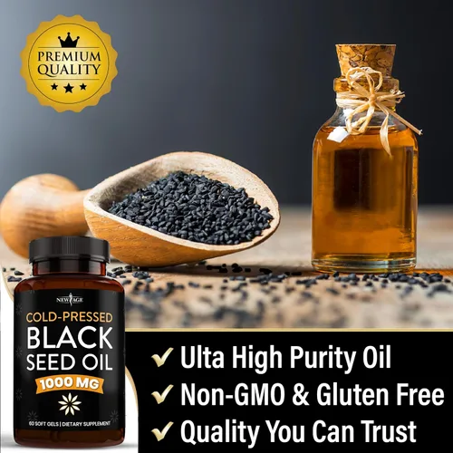 Miniatura 5 de NEW AGE Cápsulas de gel blando de aceite de semilla negra, prensado en frío de alta calidad, Nigella sativa que produce aceite de semilla de comino