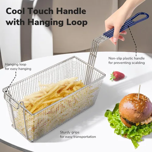 Miniatura 4 de 2 cestas para freidora profunda con mango antideslizante, construcción de hierro chapado en níquel resistente, 13 1/4 x 6 1/2 x 6 pulgadas, uso