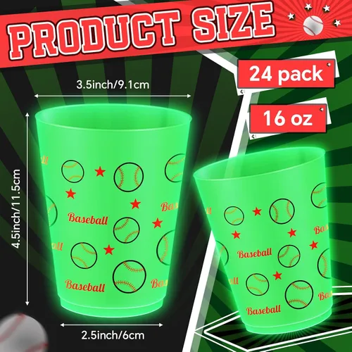Miniatura 2 de 24 vasos de béisbol que brillan en la oscuridad, vasos de plástico esmerilados de 16 onzas, vaso verde reutilizable con patrones de estrellas