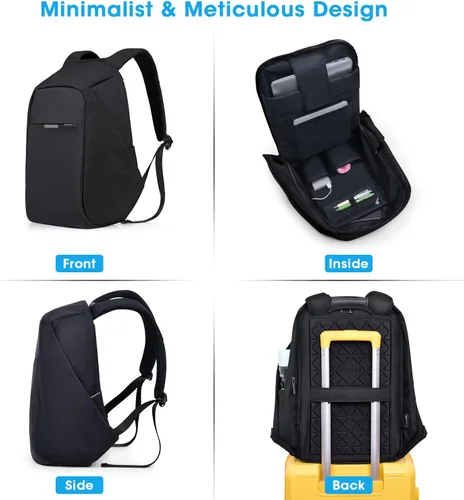 Miniatura 5 de Mochila de viaje antirrobo portátil, mochila para laptop con puerto de carga USB., Negro