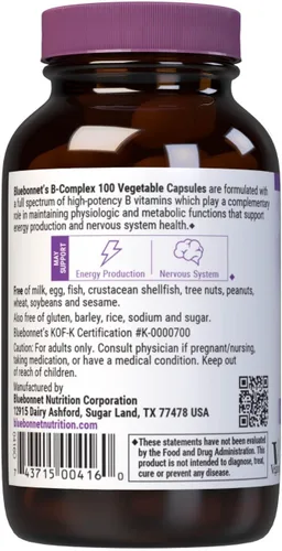 Miniatura 3 de Bluebonnet Nutrition B Complex 100 cápsulas vegetales, espectro completo completo, vitamina B6, B12, biotina, folato, vegano, vegetariano, sin