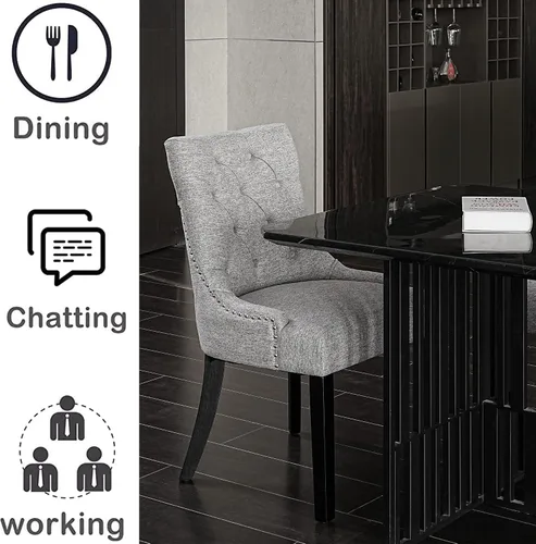 Miniatura 3 de Juego de 2 sillas de mesa grises para comedor, sillas auxiliares de cocina, modernas y elegantes sillas de tela con botones y ribete de cabeza