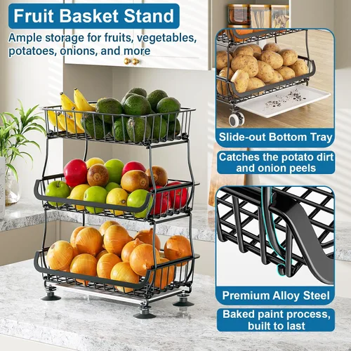 Miniatura 4 de OKZEST Organizador de piso de despensa rodante de 3 niveles y carrito de almacenamiento con ruedas, cestas apilables de despensa de alambre