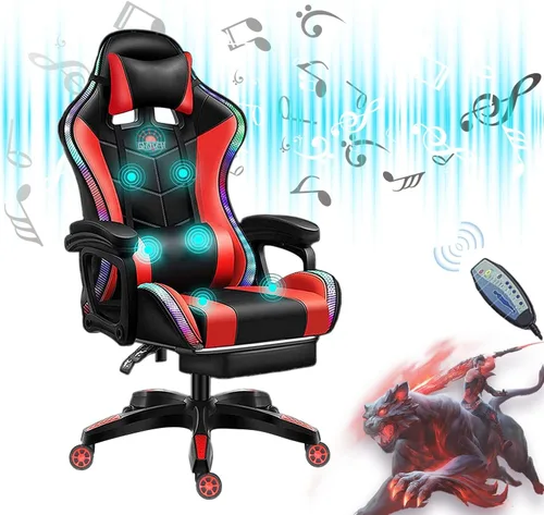 Miniatura 9 de Silla de juegos para adultos con reposapiés y masaje, silla de videojuegos con altavoces y luces LED RGB, piel sintética, sillas ergonómicas