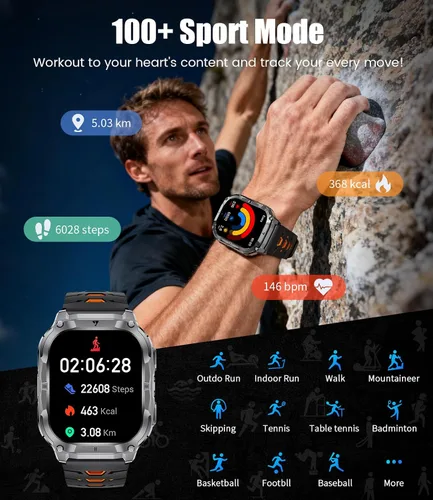Miniatura 6 de Reloj inteligente militar 2.0" para hombre con linterna, hacer/responder llamadas, 1000 mAh, IP68 impermeable, más de 100 modos deportivos