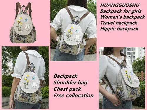 Miniatura 125 de HUANGGUOSHU Mochila de algodón tejida de algodón bohemio con bordado de lona estilo bohemio con múltiples bolsillos retro linda mochila cartera