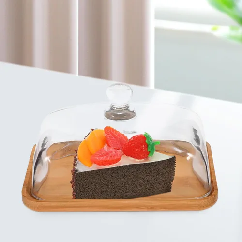 Miniatura 8 de Hemoton Plato de vidrio transparente para tartas con base de madera y cubierta de cúpula – 6.69 x 4.52 x 3.50 pulgadas, bandeja de postre