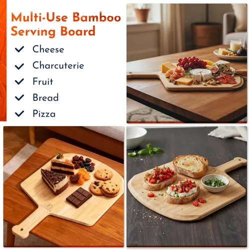 Miniatura 6 de Pizarra de madera de 12 pulgadas con tamaños grabados, tabla de cortar de pizza de bambú multiusos, cáscara de pizza de madera, espátula de pizza