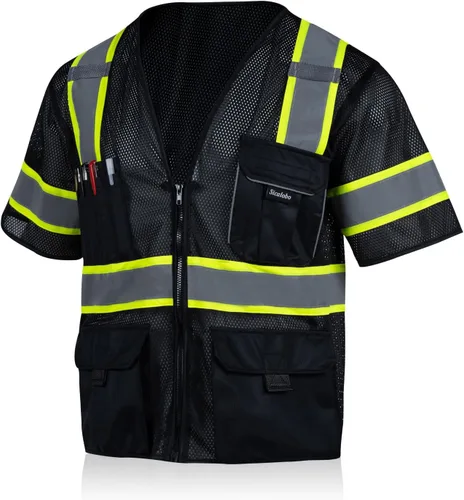 Chaleco de malla de seguridad de alta visibilidad para hombre con 10 bolsillos, chaleco reflectante Hi Vis, clase 3, ropa de trabajo con cremallera