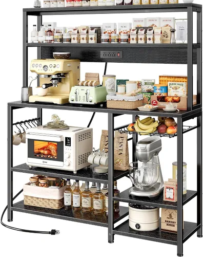 Miniatura 11 de SUPERJARE Estante de panadería con toma de corriente, barra de café de 35.4 pulgadas con canasta de alambre, soporte para microondas de cocina con 6