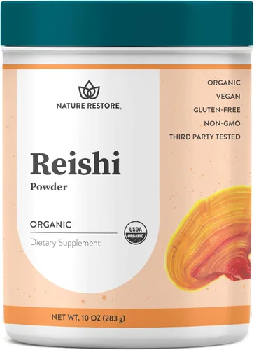 Nature Restore Polvo de hongos Reishi orgánico certificado por USDA, 10 onzas, sin OMG, sin gluten, empaquetado en California, Ganoderma