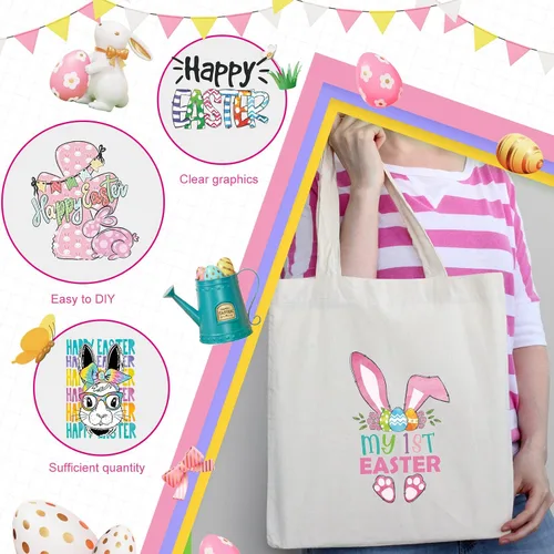Miniatura 6 de 25 hojas de calcomanías de vinilo para planchar con conejo, huevos de Pascua, conejos, transferencia de calor, apliques para ropa, camisetas