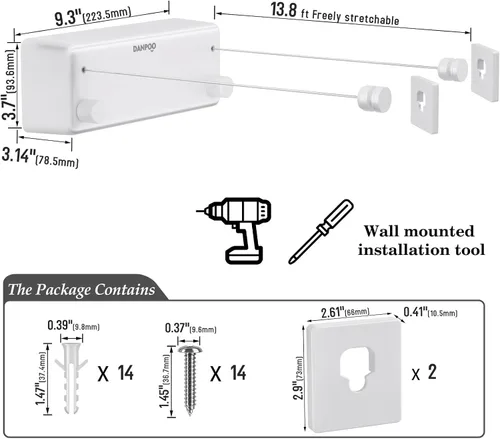 Miniatura 5 de Danpoo Tendedero retráctil, línea de ropa de acero inoxidable de 2 x 13.8 pies para interiores y exteriores, secado de ropa montado en la pared