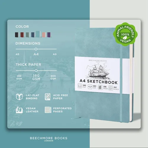 Miniatura 2 de Beechmore Books Cuaderno de bocetos A4 – Libro de bocetos de gran formato de 8.5x11 con tapa dura encuadernado en cuero vegano premium con 156