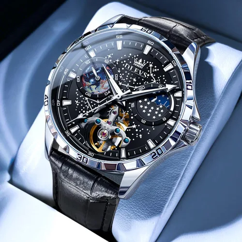 Miniatura 2 de OLEVS Relojes de cuero para hombre, mecánico automático, esqueleto Tourbillon, diamante, de lujo, cuerda automática, relojes de pulsera de vestir