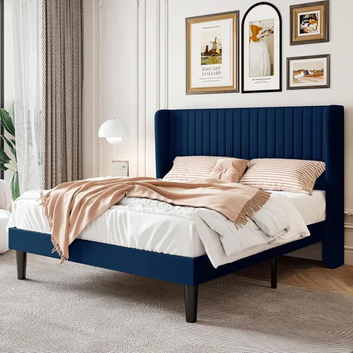 Miniatura 14 de SHA CERLIN Marco de cama de terciopelo tamaño completo con cabecera de respaldo alto con capitoné de canales verticales, cama plataforma tapizada