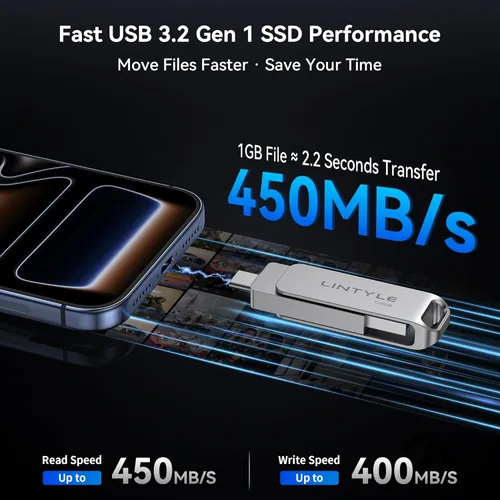 Miniatura 4 de Unidad flash externa SSD de 128 GB, hasta 450 MB/s, USB 3.2 Gen1, Dual Type-C y USB A, diseño giratorio de metal, unidad de pulgar SSD externa