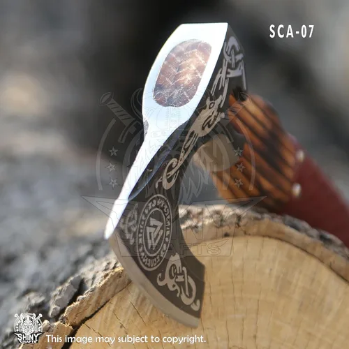 Miniatura 3 de Hacha vikinga decorativa hecha a mano con mango y funda envueltos en cuero, hoja grabada, regalo coleccionable ceremonial para hombres, guerreros