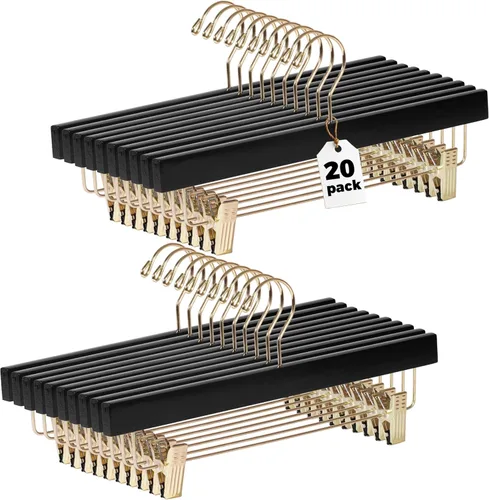 Quality Hangers Perchas de madera negras para pantalones, paquete de 20 perchas giratorias para ropa, falda de madera de loto, pantalones, Negro -