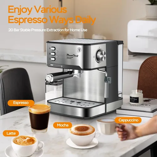 Miniatura 7 de Plum chef Máquina de café espresso profesional de 20 bar con espumador de leche, doble disparo, compatible con cápsulas ESE, tanque de agua