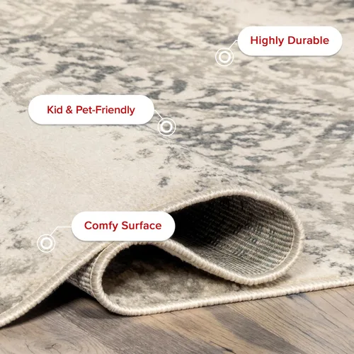 Miniatura 4 de Nuloom Gris Freja / crema, 2 pies 6 pulgadas x 10 pies, floral envejecido, suave y acogedor, alto tráfico, resistente a las manchas, fácil