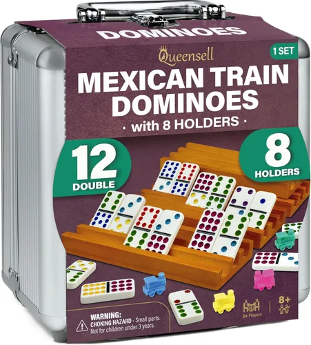 Miniatura 8 de Juego de Dominó Tren Mexicano con 4 Soportes - Dominó Doble 12 con Centro de Madera y Soportes para Fichas - Juego de Dominó Doble 12 para Noche