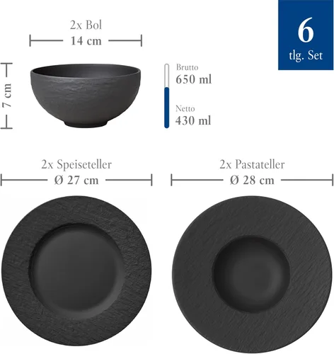 Miniatura 3 de Villeroy & Boch Manufacture Rock Starter - Juego de vajilla de porcelana de alta calidad, platos llanos para pasta, 2 platos, negro/gris