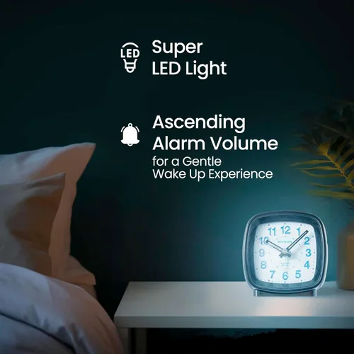 Miniatura 5 de Miykon Reloj despertador analógico cuadrado pequeño – Silencioso sin tictac, funciona con pilas con luz LED y repetición – Escritorio, mesa, viaje