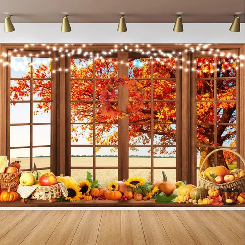 Fondo de ventana de otoño para el día de Acción de Gracias, calabaza, hojas de árbol de arce, decoración de fiesta temática, cosecha de calabaza de
