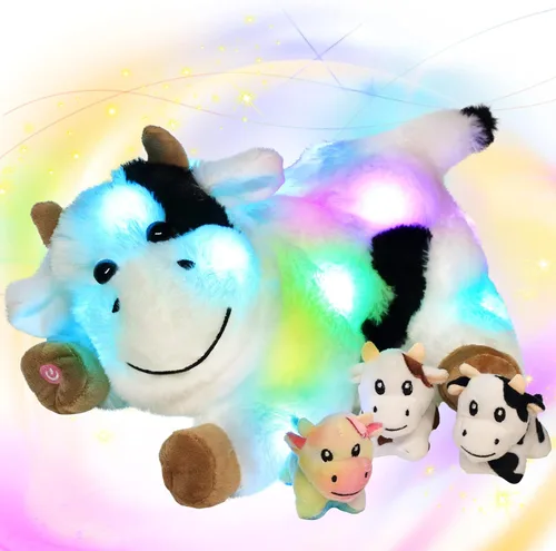 Miniatura 13 de Hopearl Conejo de peluche LED con luces, juguete de peluche con mamá y 3 bebés en su barriga, nana animada, calmante para mamá, niños pequeños
