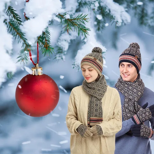 Miniatura 4 de 3 piezas de gorro de invierno bufanda y guantes para pantalla táctil para mujer, gorro de punto, gorro de cuello cálido, bufanda con forro polar