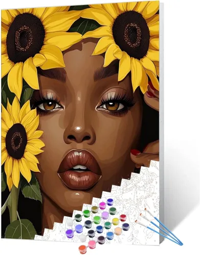Pintura por números, girasoles afroamericanos, kit de pintura acrílica DIY por números, para niños, adultos, principiantes, niñas negras, pintura en