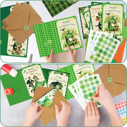 Miniatura 5 de Tellingyou 24 Juegos de Tarjetas del Día de San Patricio Surtidas Retro Tarjetas de Notas de Felicitación en Blanco con Sobres y Calcomanías Retro