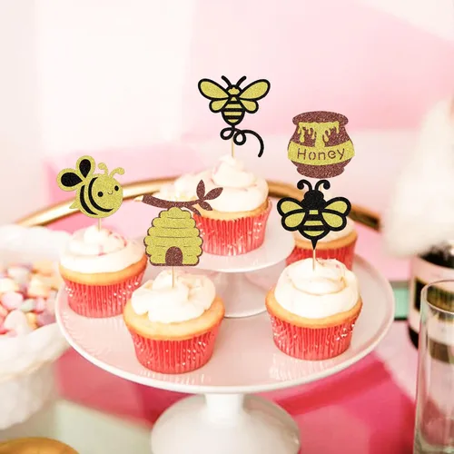 Miniatura 6 de Ercadio 24 piezas de decoración de cupcakes de abeja con purpurina de nido de abeja y miel para temática de abejas, baby shower, niños y niñas