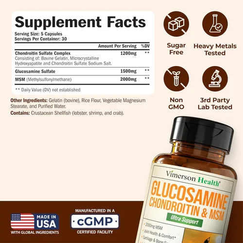 Miniatura 3 de Glucosamina condroitina MSM - Suplementos articulares 3 en 1 para mujeres y hombres con sulfato de glucosamina 1500 mg, sulfato de condroitina 1200