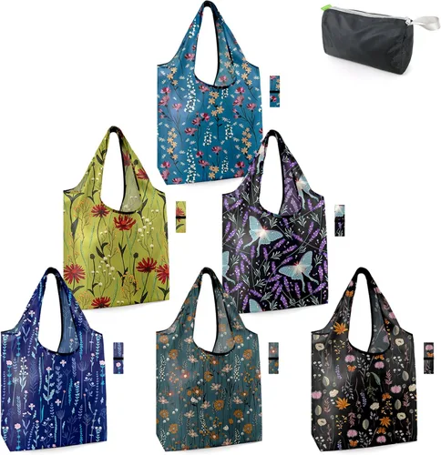 Miniatura 58 de BeeGreen 12 paquetes de bolsas reutilizables de flores, bolsas reutilizables extragrandes de 50 libras, lindo diseño floral, bolsas plegables