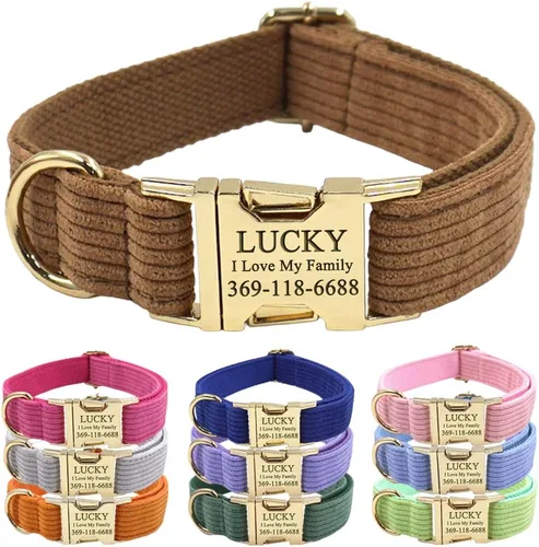 PETDURO Collares de perro hechos a mano personalizados a rayas de terciopelo personalizado con nombre grabado hebilla de metal dorado para perros
