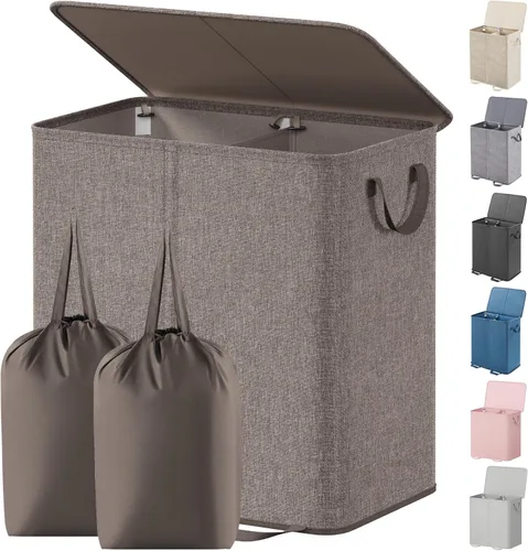 Miniatura 21 de Lifewit Cesta de lavandería doble con tapa y bolsas de lavandería extraíbles, gran plegable, 2 divisores, cesta de ropa sucia con asas para Negro